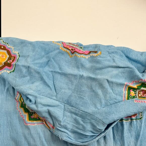 Zara Colorful Print Relaxed Fit Short SLeeve Blue Textured Button Shirt Sz L - Picture 9 of 9